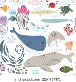 Sea life cute vector pattern. Vector illustration for kids design, wallpaper, wrapping, textile, package design.