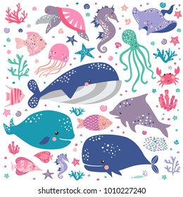 Sea life cute vector set. Baby sea creatures. Holiday card 