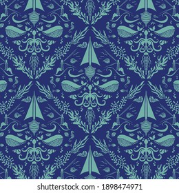 Sea life damask pattern in blue shades. Hand drawn elements from under the ocean, such as whales, octopus, jellyfish, sea shells, seahorses and corals. Also birds on the sky, a boat and lighthouses. 