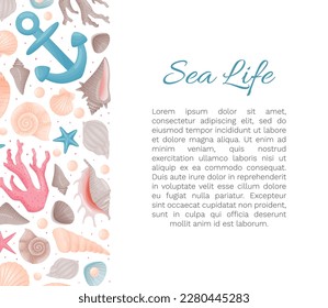 Sea Life Decorative Banner Design with Conch and Cockleshell Vector Template