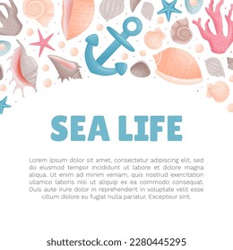 Sea Life Decorative Banner Design with Conch and Cockleshell Vector Template