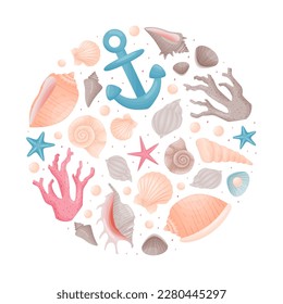 Sea Life Decorative Round Composition Design with Conch and Cockleshell Vector Template