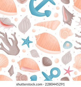 Sea Life Decorative Seamless Pattern Design with Conch and Cockleshell Vector Template