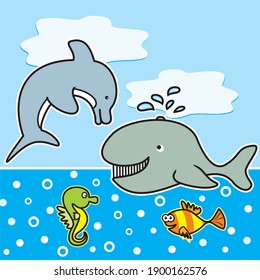 Sea life, dolphin, whale, fish and seahorse, funny vector illustration