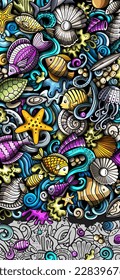 Sea life doodle banner. Cartoon detailed flyer. Underwater identity with objects and symbols. Color vector design elements background