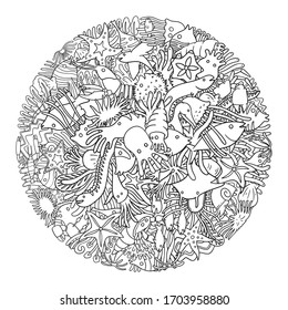 Sea Life doodle. Collection of  marine ocean creatures doodle in a circle frame. Black and white vector illustration.
