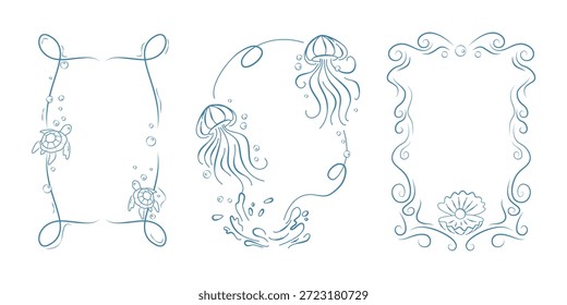 Quadros de doodle da vida marinha definidos isolados no fundo branco. Ilustração vetorial de bordas de linha azul com tartaruga, água-viva, concha, decoração elegante para aquário, banner resort, menu de restaurante de frutos do mar