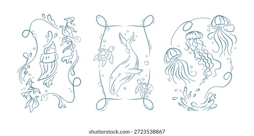 Quadros de doodle da vida marinha definidos isolados no fundo branco. Ilustração vetorial de bordas de linha azul com tartaruga, água-viva, concha, decoração elegante para aquário, banner resort, menu de restaurante de frutos do mar
