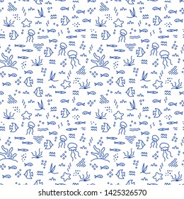 Sea life. Doodle hand drawing seamless pattern. Monochrome. Simple flat motif . Suitable for fabrics, Wallpapers, album covers, phone cases. Vector illustration.