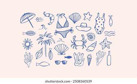 Ilustraciones vectoriales dibujadas a mano del doodle de la vida marina. Vida mediterránea en color azul