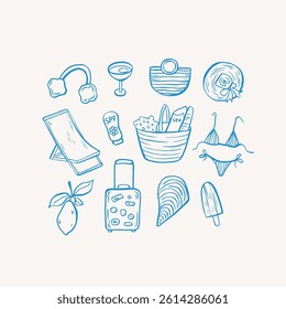 Sea life doodle hand drawn vector illustrations. Mediterranean life in blue color