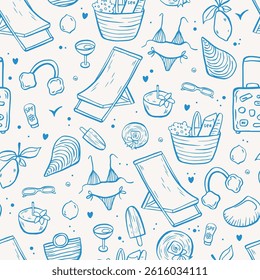 Sea life doodle hand drawn seamless pattern. Mediterranean life in blue color