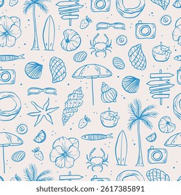 Sea life doodle hand drawn seamless pattern. Surf seamless pattern