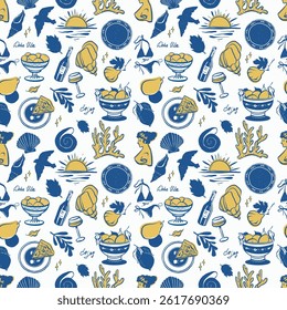 Sea life doodle hand drawn seamless pattern. Mediterranean life in blue and yellow color. Sun, corals, lemons, food. Vibe of Italy, Greece, Mediterranean. Vector illustration