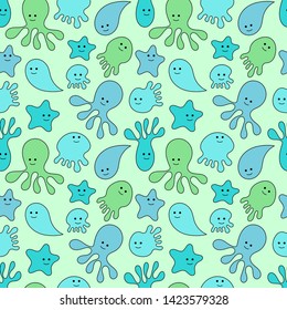 Sea life. Doodle seamless pattern. Vector illustration.