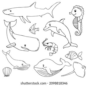 Seebad-Doodle-Set. Fischköpfe und Korallen Sammlung Hand ertrunken. Unterwasserelemente im niedlichen Stil.