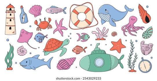 Garabatos de la vida marina, Elementos de dibujos animados de peces, algas marinas, estrellas de mar, submarinos, corales, etc. para impresiones, decoración de viveros, scrapbooking, papelería, pegatinas, tarjetas, etc. EPS 10