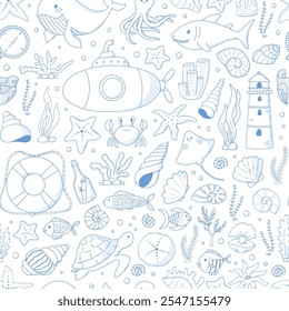 Sea life doodles monochrome seamless pattern for wallpaper, textile prints, wrapping paper, banners, backgrounds, digital paper, etc. EPS 10