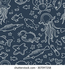 sea life doodles seamless pattern, free hand outline drawing