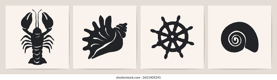 Sea life elements. Contemporary abstract minimal art prints, marine creatures seashell, lobster, snail shell, sea ​​wheel silhouettes hand drawn ink style for poster design. Vector abstract set