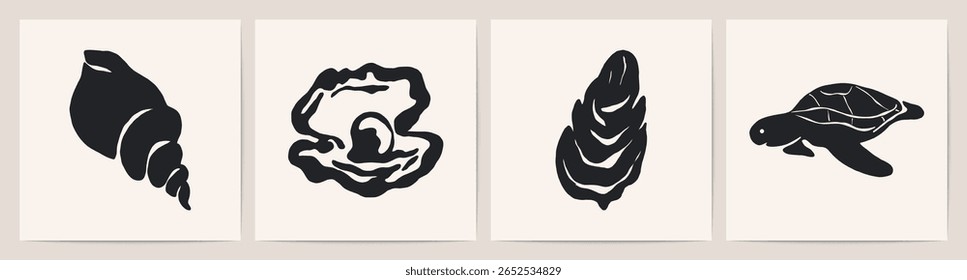 Sea life elements. Contemporary abstract minimal art prints, marine creatures seashell, mussel, turtle and sea pearl silhouettes hand drawn ink style for poster design. Vector abstract set