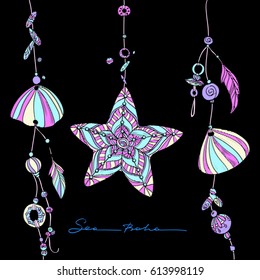 Sea life elements for embroidery on black background. Suitable for embroidery on pockets, collars, sleeves, shirts. Stock vector illustration. 