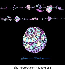 Sea life elements for embroidery on black background. Suitable for embroidery on pockets, collars, sleeves, shirts. Stock vector illustration. 