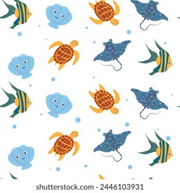Sea life elements pattern. Trendy cartoon sea life elements pattern for wrapping paper, wallpaper, stickers, notebook cover.