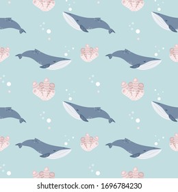 Sea life elements seamless pattern. Whales on a turquoise background. Hand drawn doodle vector illustration.