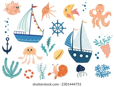 Sea life elements set. Childish funny clip arts. Sailboats, octopus, fish, crab, anchor, seashells and algae. Sea world. Ideal for children, printing, postcards, prints. Hand draw vector illustration