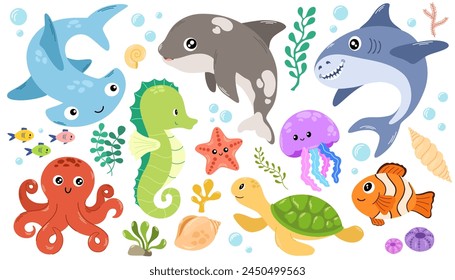 Sea life elements set. Hand draw vector doodle cartoon set of marine life objects for your design.