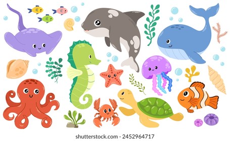 Sea life elements set. Hand draw vector doodle cartoon set of marine life objects for your design.