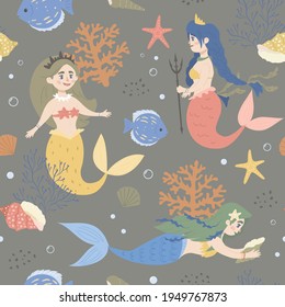 Sea life and fabulous mermaids. Kids seamless pattern. Perfect for kids fabric, textile, nursery wallpaper