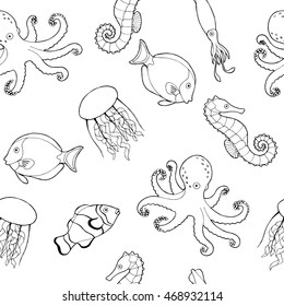 Sea life fish graphic art black white seamless pattern illustration vector