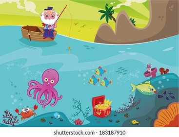 Sea life and fisherman