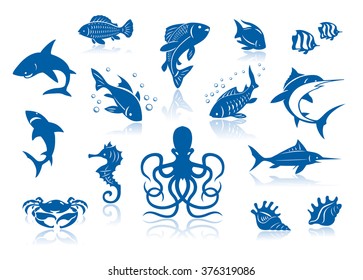 Sea Life And Fishes Icon Set. Isolated Against A White Background With Reflections