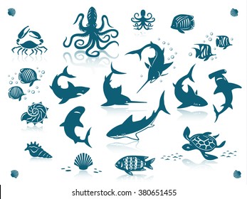 Sea Life And Fishes Icon Set. Isolated Against A White Background With Reflections