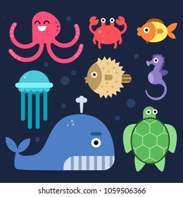 Sea life. Fishes and others underwater mammals. Vector sea life underwater, fish and octopus, jellyfish and seahorse illustration