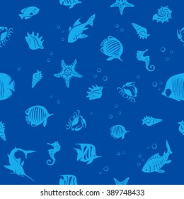 Sea life and fishes seamless vector background