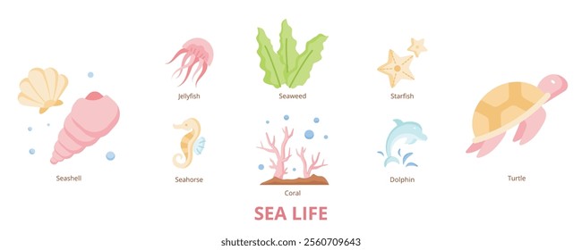 Sea Life Flat Banner Web Icon Set Vector Illustration