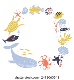 Sea life frame with hand drawn octopus, turtle, whale and jelly fish vector illustration