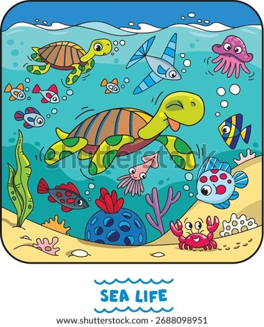 Sea life. Funny turtle and sea animals under the water, on the seabed. Kids vector illustration. 