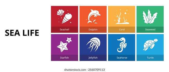 Sea Life Glyph Solid Banner Web Icon Set Vector Illustration