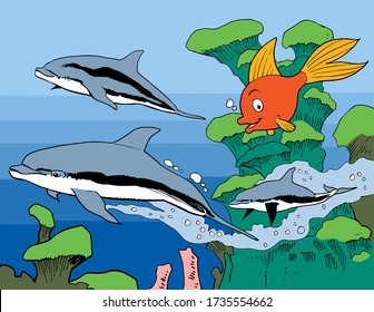 Sea life - Goldfish swim in the coral reef with a flock of dolphins