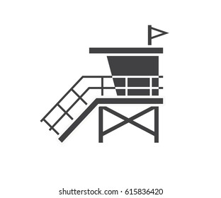 Sea life guard tower icon. Beach lifeguard house logo or label template. Baywatch hut vector illustration in outline design.