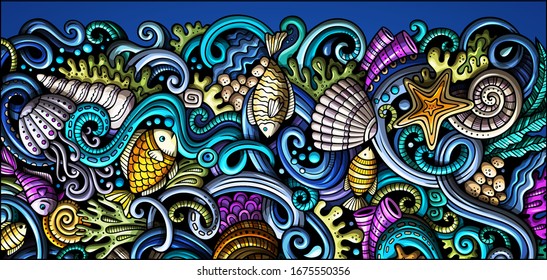 Sea life hand drawn doodle banner. Cartoon detailed flyer. Underwater identity with objects and symbols. Color vector design elements background