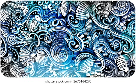 Sea life hand drawn doodle banner. Cartoon detailed flyer. Underwater identity with objects and symbols. Watercolor vector design elements background