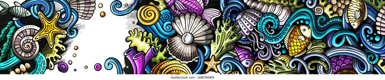 Sea life hand drawn doodle banner. Cartoon detailed flyer. Underwater identity with objects and symbols. Color vector design elements background