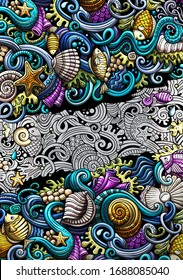 Sea life hand drawn doodle banner. Cartoon detailed flyer. Underwater identity with objects and symbols. Color vector design elements background