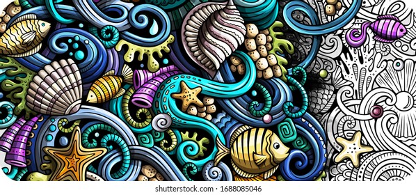 Sea life hand drawn doodle banner. Cartoon detailed flyer. Underwater identity with objects and symbols. Color vector design elements background